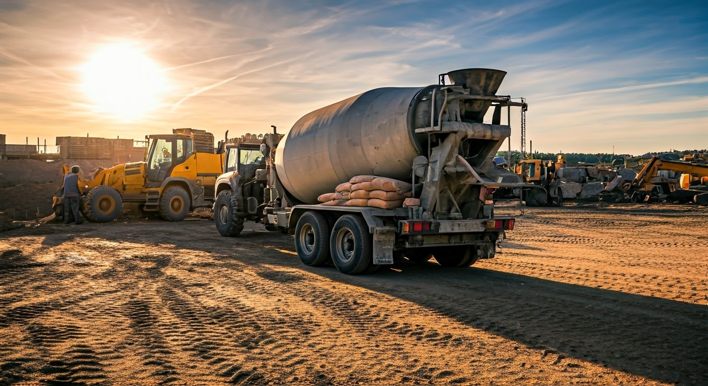 Trailer de cemento en el sitio de construcción